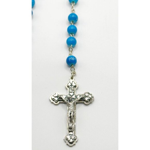 Turquoise Blue & Silvertone Italy Pray For Us Rosary 18” - Picture 3 of 7
